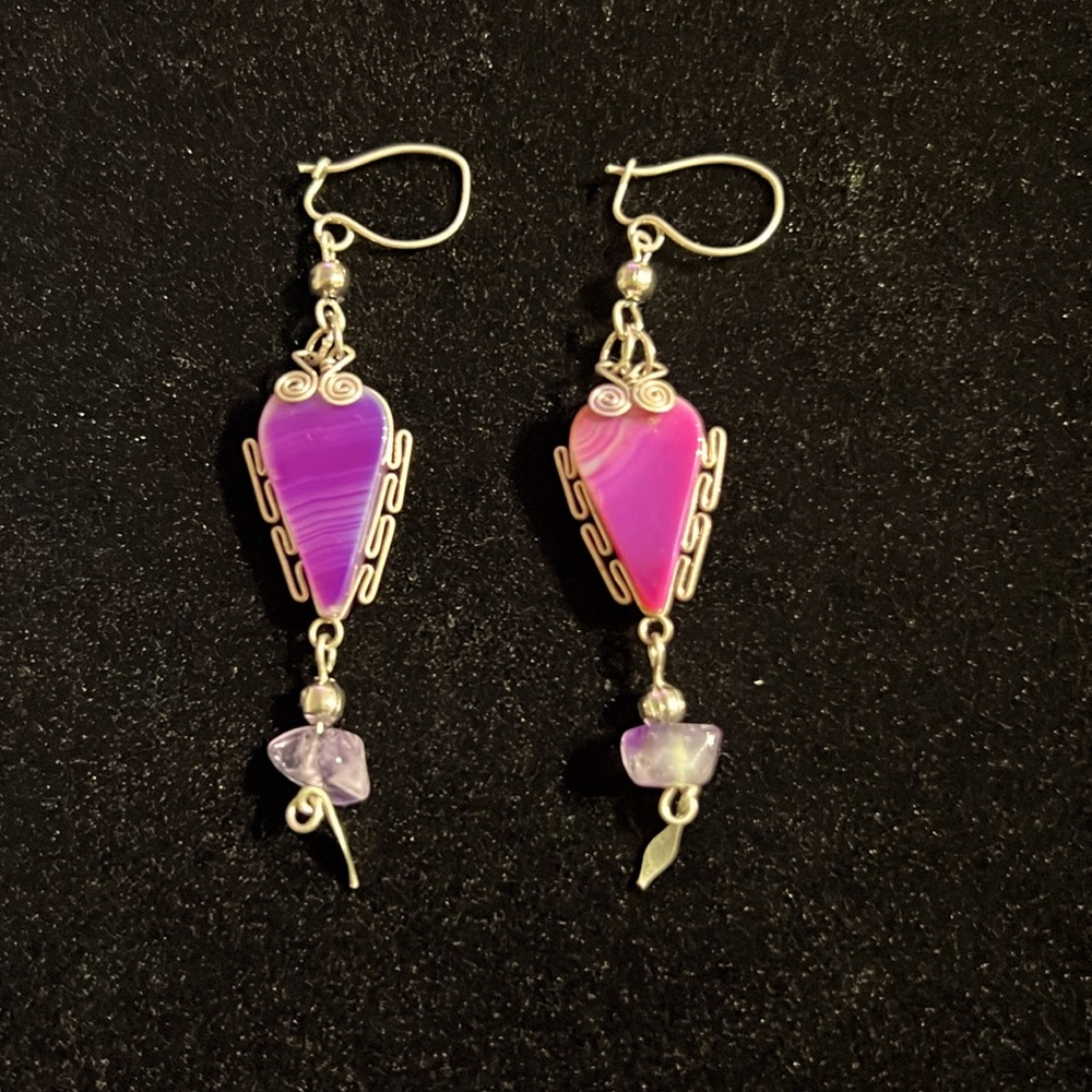 Vintage 90’s Pink Agate and Amethyst and Silver handmade earrings